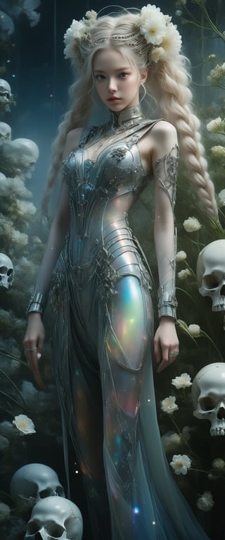 breathtaking ethereal RAW photo of female (A close-up portrait of an albino woman with pastel tones, depicted in a futuristic style. She has an intricate, elaborate hairstyle with multiple braids adorned with pearls and flowers, but with a modern twist. Her hair is white, and she has blue eyes with light freckles on her face. She is dressed in an opulent, high-tech outfit with metallic and holographic elements, and delicate jewelry with futuristic designs. The background is a sleek, high-tech interior with soft, ambient lighting that highlights the details of her attire and accessories. The overall aesthetic blends fantasy and science fiction, emphasizing intricate craftsmanship and a serene expression.

 )), dark and moody style, perfect face, outstretched perfect hands . masterpiece, professional, award-winning, intricate details, ultra high detailed, 64k, dramatic light, volumetric light, dynamic lighting, Epic, splash art .. ), by james jean $, roby dwi antono $, ross tran $. francis bacon $, michal mraz $, adrian ghenie $, petra cortright $, gerhard richter $, takato yamamoto $, ashley wood, tense atmospheric, , , , sooyaaa,IMGFIX,Comic Book-Style,Movie Aesthetic,action shot,photo r3al,bad quality image,oil painting, cinematic moviemaker style,Japan Vibes,H effect,koh_yunjung ,koh_yunjung,kwon-nara,sooyaaa,colorful,bones,skulls,armor,han-hyoju-xl
,DonMn1ghtm4reXL, ct-fujiii,ct-jeniiii, ct-goeuun,mad-cyberspace,FuturEvoLab-mecha,cinematic_grain_of_film,a frame of a animated film of,score_9,3D,style akirafilm,Wellington22A