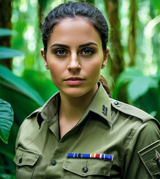 portrait of an beautiful Israeli and German woman in military uniform, in lush rainforest, bold and energetic colors, Nikon D850, 85mm lens, ((Nature theme)), (masterpiece), ((ultra detailed)), (highly detailed CG illustration), (deadpan), (best quality: 1.2), texture of high quality, intricate details, detailed texture, high quality shadow, cinematic light