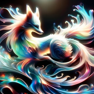 The soft-colored transparent liquid splashes into the Iridescent Organza reflective liquid to form a fluid lace texture to form an elegant nine-tailed fox. High details, delicate light and shadow, high texture, high quality, dark background, bokeh, professional panoramic shooting
,DonMBl00mingF41ryXL 