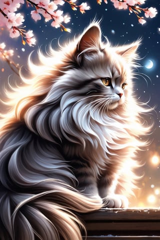 Animal photo paintings, using colored pencils to draw long-haired cats sitting elegantly, eyes like stars in the sky, falling cherry blossoms, moonlit night, high texture, high details, ultra-delicate, ultra-realistic
,Xxmix_Catecat