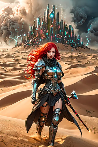 Surrealist anime art style, a lone red hair female warrior with magical staff wearing cape in apocalyptic sand dunes, ((cyber city above the sand dunes)), dark swirling sandstorm approaching, more detail XL,style, closeup shot,