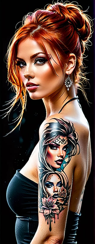 Tattoo sketch, by enki bilal, double exposure. high quality, high detail, (16K Ultra HD), (masterpiece), (best quality), (ultra realistic detail).  (cute redhead glam rock girl). Dark background, 