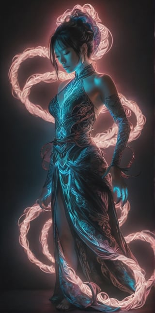 Shibari of woman , neon light dragon,  dress illuminates her body in shadow, , upper body covered in dark shadows, full body, raw hand drawn style, cinematic, photo,(best quality,dragon-themed,shibari,rope,style