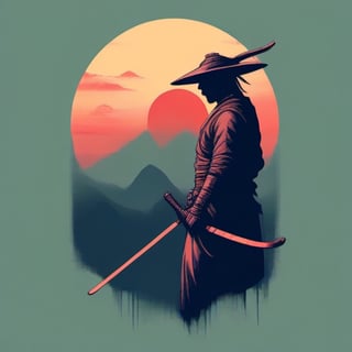 A minimalist t-shirt design with a vintage touch, featuring a cool, muscular and stylish anime samurai silhouette in faded, awesome and bright colors.,japanese art,<lora:659095807385103906:1.0>