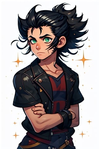A 17 year old boy with black hair in a ponytail, green eyes and a scar above his nose, dressed in Riku's clothes from Kingdom Hearts 3,Whole body,sora \(kingdom hearts\),<lora:659111690174031528:1.0>