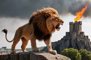 Lion with a flaming mane roaring defiantly at an army on top of a rock, in the background the remains of a castle destroyed by war.