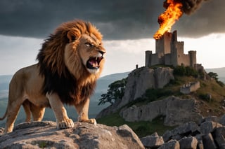 Lion with a flaming mane roaring defiantly at an army on top of a rock, in the background the remains of a castle destroyed by war.