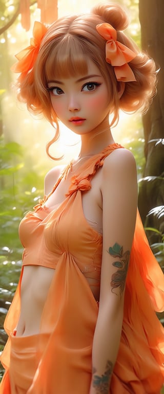 Anime fantasy girl standing in the forest, high dynamic range style, kawaii art, light orange and light bronze, animated illustration, daz3d, exotic reality, vivid manga, tattoo-inspired, close-up intensity, Japanese-inspired, suiya, genirubigenness