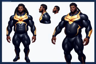 1 boy. multiple views. A tall, burly, thick, stocky, stout, musclebound, masculine, (very dark-skinned, black male). He has long, mighty, black, dreadlocks, wears a long, violet, gold, & black surcoat over his cybersuit. The (very dark-skinned, african-american) man strides, He is ((fat, musclebound)), with beautiful dark, wide, warm, determined, Nubian face, musclegut, TronFashion, ,patternbodysuit, bodysuit,massive pecs, massive muscular body ,Expressiveh,Strong Backlit Particles,Cyberpunk, ,best quality, masterpiece