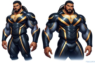 1 boy. multiple views. A tall, burly, thick, stocky, stout, musclebound, masculine, (very dark-skinned, black male). He has long, mighty, black, dreadlocks, wears a long, violet, gold, & black surcoat over his cybersuit. The (very dark-skinned, african-american) man strides, He is ((fat, musclebound)), with beautiful dark, wide, warm, determined, Nubian face, musclegut, TronFashion, ,patternbodysuit, bodysuit,massive pecs, massive muscular body ,Expressiveh,Strong Backlit Particles,Cyberpunk, ,best quality, masterpiece