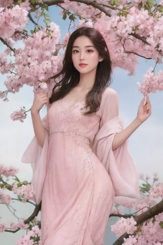 Taiwanese beauty, 20 years old, with pink and white skin, bright phoenix eyes, small cherry blossom mouth, and majestic D-CUP bust. The girl has a graceful figure. She wore a thin and transparent tight-fitting hip-hugging cheongsam. The breeze blew up her hair and she smiled shyly. The girl is admiring the flowers in the cherry blossom forest, and the petals are falling in the wind. The camera is Canon R5, 24mm wide-angle low-angle shooting, large aperture F=1.4, 8K, (Cat, masterpiece, top image quality, ultimate image quality, official art, beautiful aesthetics, top image quality, ultra-fine, exquisite details, high resolution rate: 1.2),Brigitte01, Taiwan girl
