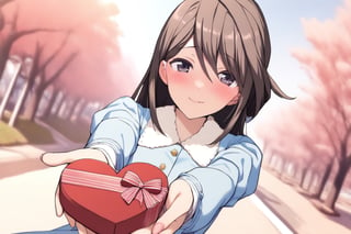 1girl, 
kotori, memories off 8, blue dress, dresskotori, 
valentine, incoming gift, heart-shaped box,
upper body,solo,looking at viewer, light smile,blush, heart, holding, outdoors,masterpiece, best quality,aesthetic,newest,