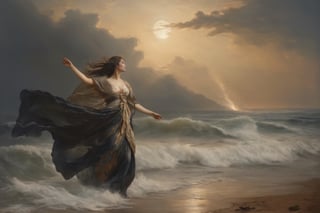 by Ferdinand Georg Waldmüller (1793-1865),  neoclassicism, 8k, Hell , Paradise (Paradiso), Heavy rain, lightning, black clouds, smoke, storm, volcano, sea, waves, turbulent waves, roar, A beautiful woman wearing a veil flies across the sky with the wind on a cloud, Walking at the beach, stepping on the sand with a woman's feet. (walk in high heels)
blonde hair,Gold moon:1.1,full body, A beautiful woman wearing a long and long veil flies across the sky with the wind on a cloud, Neoclassical, realist, cinematic, epic,photo r3al,skirtlift, sunset, side at view,(( very huge and Bigger breasts:1.6)),(pussy partially visible through dress opening:1.5),(exposed breasts:2.1)