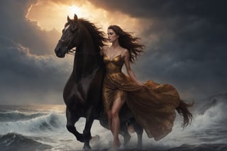 Neoclassicism, 8k, hell, heaven (heaven), heavy rain, lightning, dark clouds, mist, storm, volcano, sea, waves, rough waves,
Roaring, violent storm, 2woman, one, a beautiful woman riding a black horse, feet bleeding, one walking barefoot, (long brown hair: 1.5), (golden sun: 1.3), whole body, wearing transparent tulle, dress,
Two injured beautiful women, wind above the clouds, neoclassical, realism, film, epic, sunset, side view,