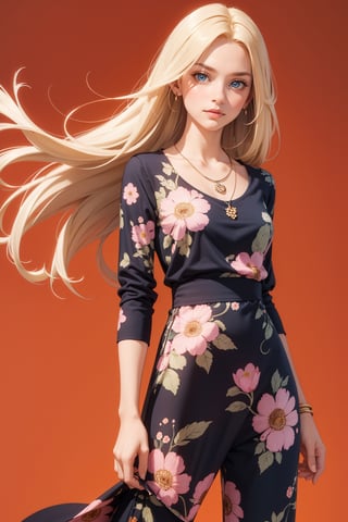 masterpiece, high quality, long hair, blonde hair,  blue eyes, petite,  dr3ss, wearing dress, (pants), necklace, wearing ((floral print)) dress, 