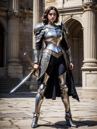 realistic, ((1 young and beautiful girl:1.2)), absurdres, (8k, best quality, masterpiece:1.2), professional photograph, dramatic light, (finely detailed face:1.2), female knight wearing a full suit of filigree silver armor, holding a shield (family crest, intricate design) in one hand, holding sword of gold in other hand, full body shot, castle interior background