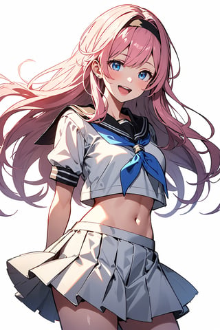 1girl,smile,honkai impact 3rd,hoyun,white serafuku,white shirt,stomach,elysia (honkai impact),skirt,white skirt,simple background,purple neckerchief,arms behind back,highres,midriff,1girl, d,cowboy shot,looking at viewer,honkai (series),solo,white hairband,neckerchief,puffy sleeves,shirt,white background,miniskirt,short sleeves,crop top,puffy short sleeves,pleated skirt,navel,commentary request,long hair,very long hair,hairband,school uniform,serafuku,standing,open mouth,blue eyes,pink hair,