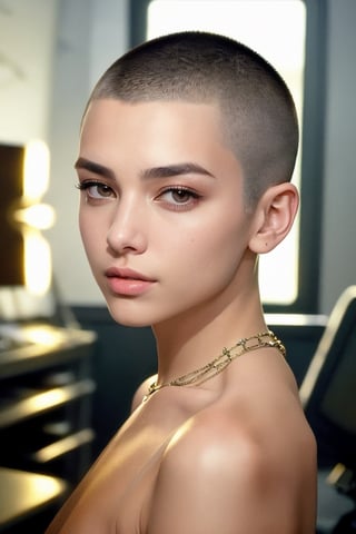 The fashion supermodel with a Buzz cut hair style , looking to the camera with a strong gaze. Captured in the style of a hair style fashion magazine cover, close up focusing on the model's hair style --style raw,(in the studio),stunning sexy pose