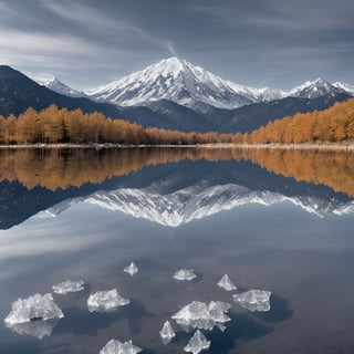 The clear crystal serene lake surround by maple trees in autumn. The long exposure captures a movement of clouds around the mountain peak. In the background is the majestic mountain range. Captured in the style of seasonal photograph by using high definition camera, high speed shutter with long exposure, contrast and blending the colors together --style raw --v 6.0 --ar 1:1 