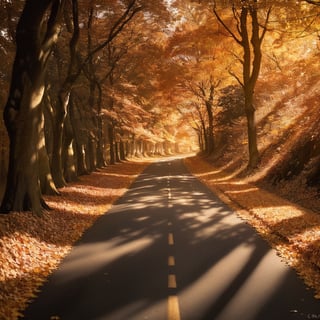 The country road through a vibrant autumn forest covered with fallen leaves. The long exposure moving captures winding and soft light of the setting sun filtering through the leaves, casting long shadows and creating a warm, glowing effect. Captured in the style of long exposure.