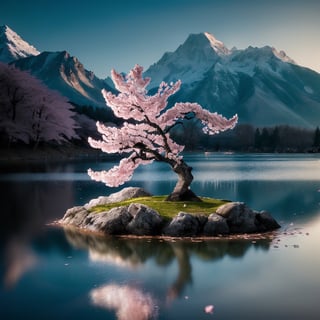 The cherry blossom on the rock in the middle of lake in springs. The long exposure captures a winding and falling petals. In the background is the clear crystal lake in front of the majestic mountain range. Captured in the style of seasonal photograph by using high definition camera, high speed shutter with long exposure, contrast and blending the colors together --style raw --v 10.0,Nature