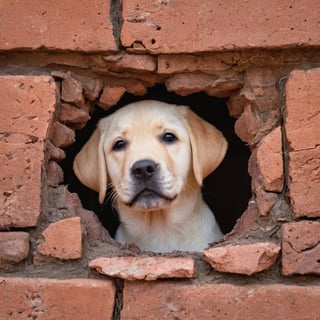 a cute little pup Labrador looking at you through the hole it chewed in the brick wall, he lovely smile.