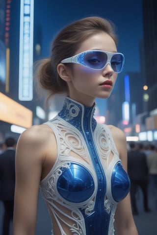 (((iconic,futuristic-sci-fi but extremely a beautiful women, Blue and white cystal tranparent))), Futeristic sun glass,
(((intricate details, masterpiece, best quality)))
(((Wide angle, full body shot, profile view)))
(((dynamic supermodel pose, looking at viewer))) , Night city outdoor neon light, Dark scene background,
by Diane Arbus