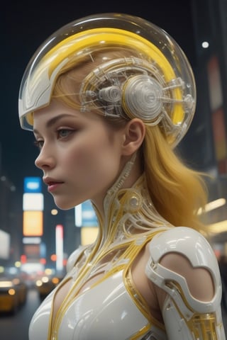 (((iconic,futuristic-sci-fi but extremely a beautiful women, Yellow and white cystal tranparent)))
(((intricate details, masterpiece, best quality)))
(((Wide angle, medium  shot, profile view)))
(((dynamic pose, looking at viewer))) , future city street outdoor dark scene,
by Diane Arbus