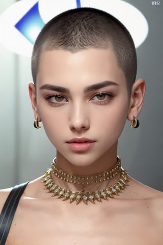 The fashion supermodel with a Buzz cut hair style , looking to the camera with a strong gaze. Captured in the style of a hair style fashion magazine cover, close up focusing on the model's hair style --style raw,(in the studio),stunning sexy pose, big ear rings