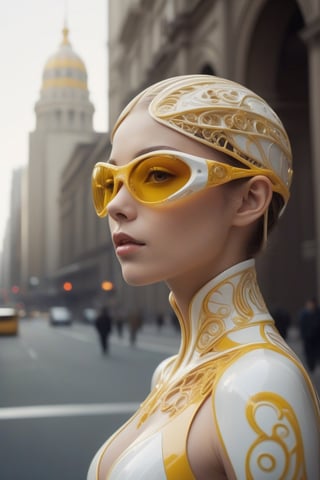 (((iconic,futuristic-sci-fi but extremely a beautiful women, Yellow and white cystal tranparent))),orange modern sun glass,
(((intricate details, masterpiece, best quality)))
(((Wide angle, half body shot, profile view)))
(((dynamic model pose, looking at viewer))) , future city street outdoor dark scene,
by Diane Arbus