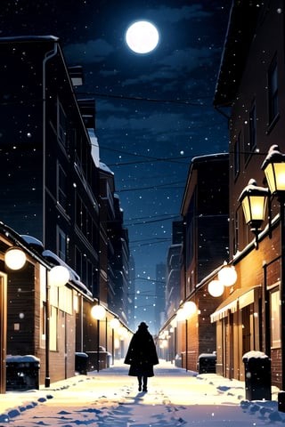 Snow fall season in a city with quiet brick streets only tall buildings with a street lights on the picture is seen from the left or right , only silhouette of one man wearing a big winter cloth is there,full moon and shining stars appear. 