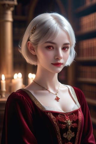 masterpiece, high definition, (photorealistic:1.2), raw photo, the most ethereal beautiful vampire princess in the diablo world, 1girl, youth face, white short hair, smiling on viewer, glowing red eyes, velvet dufflecoat attire, translucent appearance, hyperrealistic, a magical library in the world of the deceased, dramatic lighting