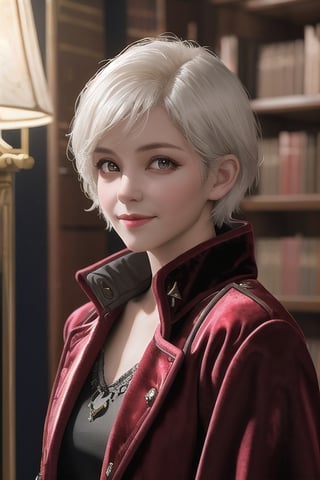 masterpiece, high definition, (photorealistic:1.2), raw photo, the most ethereal beautiful vampire princess in the diablo world, 1girl, youth face, white short hair, smiling on viewer, glowing red eyes, velvet dufflecoat attire, translucent appearance, hyperrealistic, a magical library in the world of the deceased, dramatic lighting