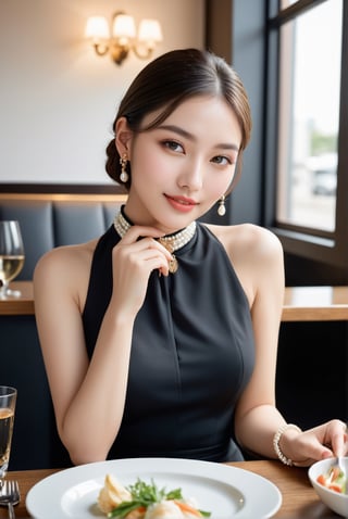 An snapshot depicting a young girl eating business lunch in a restaurant. a 17-years-old ethereal breathtakingly glamorous girl, wearing a classic black business suit, adorned intricate earring and neck choker. A breathtakingly beautiful face emanating youthfulness, pearlescent blush, translucent skin texture. Perfect model body with large breast, beautiful long legs. publicity photo, (viewed from side):1.24, award-winning photo, flirty expression, smiling calmly, depth of view, hyperrealistic, raw photo, high definition 8k, focus on face, photo_b00ster, Eimi, ultra aesthetic, concept art, rembrandt lighting, clean background