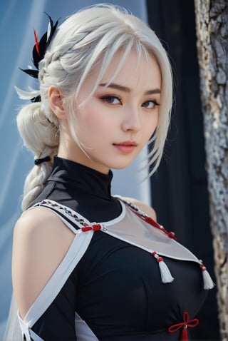 A medium shot of a 17-years-old breathtakingly gorgeous russian 1girl with perfect model body, porcelain skin tone, white hair, translucent skin texture. An ethereal beautiful face, with bright eyes, intricate facial features, v-shaped jawline, emanating youthfulness and innocence. Cosplay an Genshin character, hair ornament, bl, braided ponytail, puffy sleeves, gloves, black bodysuit with white breast curtain, shoulder cutout, hip vent, tassel. A hyperrealistic award-winning photography with high view angle. high definition, extremely sharp, fujifilm velvia, raw photo, Japanese Girl - SDXL, viewed from side, perfect hand, beautiful hand, perfect finger, smiles calmly, photo_b00ster,1girl