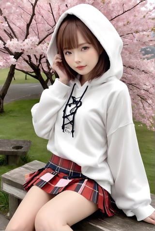 award-winning photography, full body, (symmetric face):1.05, ethereal glamorous face of ichika, ichika, ichika sitting with her legs to the side, duchess slant pose, Arm at side, long legs, ichika wears hoodie and kilt, ichika captivatingly smiles at viewer, perfect model body, fascinating sakura blossoms, hasselbald 503CW, wide-angle lens, surreal fantasy wonderland