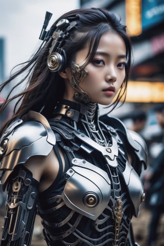cyberpunk theme, medium shot with low view angle, ultra-wide-angle-lens, award-winning photography, hyperrealistic, a 15-years-old breathtakingly beautiful korean girl, ethereal glamorous face, external skeleton mechanical armor, in a xeno battle field, cyborg style