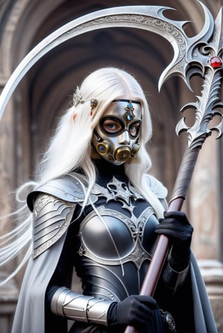 A award-winning photography depicting a young princess holding a DonM5cy7h3XL scythe, she wears a (respirator mask):1.25, demon-wing, a 17-years-old ethereal russian girl, white long hair,  she wears a fusion of gothic aesthetics and medieval matte armor and is adorned with magic amulet and intricate header decorated with gem. black combat attire, high definition, noir concept art style