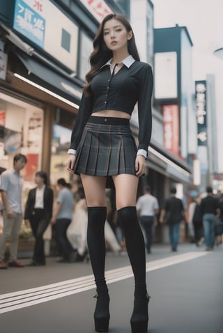 vogue cover, (full body shot) with low view angle, ultra_wide_angle lens, hyperrealistic:1.4, a 15-years-old astonishingly gorgeous girl wearing (platform gothic high heel):1.1), (ethereal beautiful face):1.4, (perfect face):1.1, walking in a Akihabara, black business shirt, kilt miniskirt, (black leggings):1.4, attractive body, a young soul, perfect model body, award-winning photography