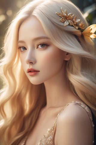 award-winning photography, hyperrealistic, fairytale princess, ethereal glamorous face, (earth tone eyeshadow):1.2, sacred holy light, blonde long hair, royal haute couture, perfect model body, raw photo, concept art style, (surrounded by Lilium):1.4