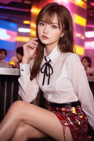 medium shot with ((low angle):1.2),  award-winning photography, ichika sitting a table, ichika in business shirt and kilt, in a night club, exquisite glitter eye makeup, perfect model body, slim and long legs, crossed legs 