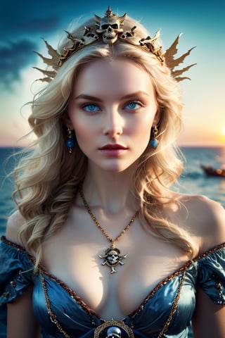 A hyperrealistic photography with pirate theme. A dragon queen manifests herself as a young scandinavian pirate chief with profound facial features. With piercing blue eyes fixed on the viewer, she exudes confidence and poise. Adorned with delicate jewelry including a necklace and bracelet. award-winning photography, medium shot, official_art, a glamorous girl in her 20s, bright eyes, an ethereal beautiful face, long blonde hair cascading down her shoulders in soft waves, porcelain skin, perfect model body, thong,  photo_b00ster, beautiful long legs, depth_of_view, sunset hue, in the middle of sea, concept art style, DragonConfetti2024_XL