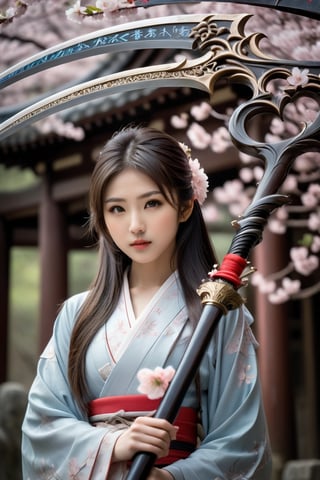 A young girl standing in the middle of a solemn shrine, a 15-years-old ethereal breathtakingly glamorous japanese idol holding a M5cy7h3XL scythe, cherry blossom, photo_b00ster, Don, ethereal beautiful face, detailed face, perfect face, perfect model body, single blade, award-winning photography, high-definition