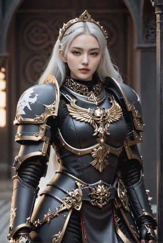 Full body. A girl wearing black heavy armor in the ornate gothic style, pauldron, metallic collar, knight armor, golden filigree. A 17-years-old ethereal breathtakingly glamorous japanese girl, white hair, hairband, slim and tall perfect model body, An ethereal beautiful face with v-shaped jawline, bright eyes, almond-shaped eyes, translucent skin texture, porcelain skin tone. Adorned with christian symbols accentuating her high status as an inquisitor. The best warrior of inquisition. award-winning, hyperrealistic:1.2, realistic, raw photo, holding Bolter, warrior