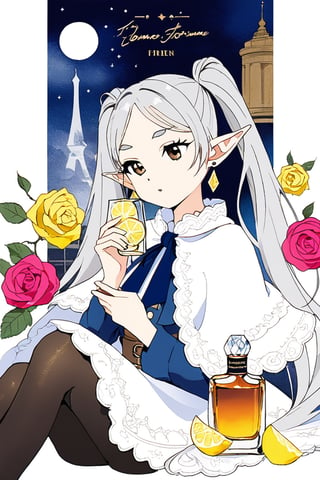 An illustration for a France perfume advertisement, 1girl, frieren, pointy ears, elf, earrings, twintails, parted bangs, grey hair, thick eyebrows, masterpiece, white capelet with long sleeves, black pantyhose and brown boots, best quality, color vivid, alcohol int art, upper body, a decent scent as a mixture of rose, lemon.
