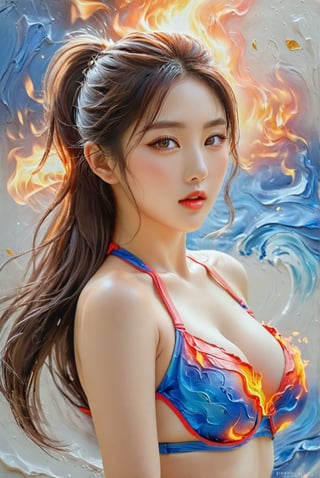 an ethereal and breathtakingly glamorous korean girl, composed of fire, high ponytail, long hair, bikini, swimsuit, bright eyes, expressive eyes, cowboy shot, perfect busty model body, masterpiece, best quality, official art, Impasto art style, art_booster, fire element