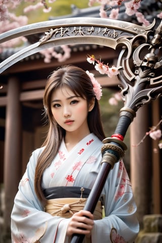 A young girl standing in the middle of a solemn shrine, a 15-years-old ethereal breathtakingly glamorous japanese idol holding a M5cy7h3XL scythe, cherry blossom, photo_b00ster, Don, ethereal beautiful face, detailed face, perfect face, perfect model body, single blade 