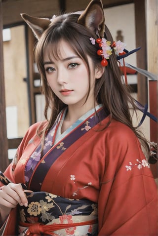 (((ultra realistic, award-winning photo, realistic photo, fuji velvia))), 1girl, AmagiAL, brown hair, purple eyes, thick eye brows , animal ears, large breasts, kimono_Amagi, kimono, sash ,obi, red coat, brown hair, purple eyes, thick eye brows , animal ears, large breasts, kimono_Amagi, kimono, sakuramon, sash ,obi, red coat, high resolution, masterpiece, best quality, beauty & aesthetic, inspired by vogue magazine cover