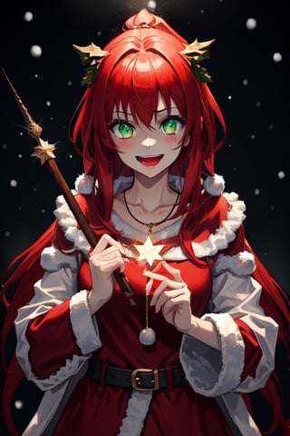 1girl, dark fantasy background terror snow, night, dark sky, red hair, green eyes, cute, christmas necklace, wear christmas clothes,laughing madly, background are a acaramel stick
looking at the camera,terror, dark magic