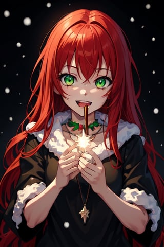 1girl, dark fantasy background terror snow, night, dark sky, red hair, green eyes, cute, christmas necklace, laughing little, background are a acaramel stick
looking at the camera,terror, dark magic